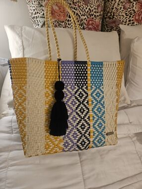 Woven Multicolor Straw Tote Bag with Black Tassel. Brand New, Never Used.